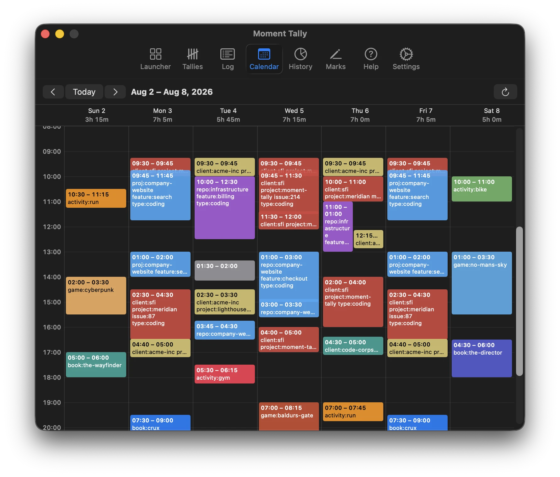 Moment Tally calendar week view with overlapping timers sharing columns