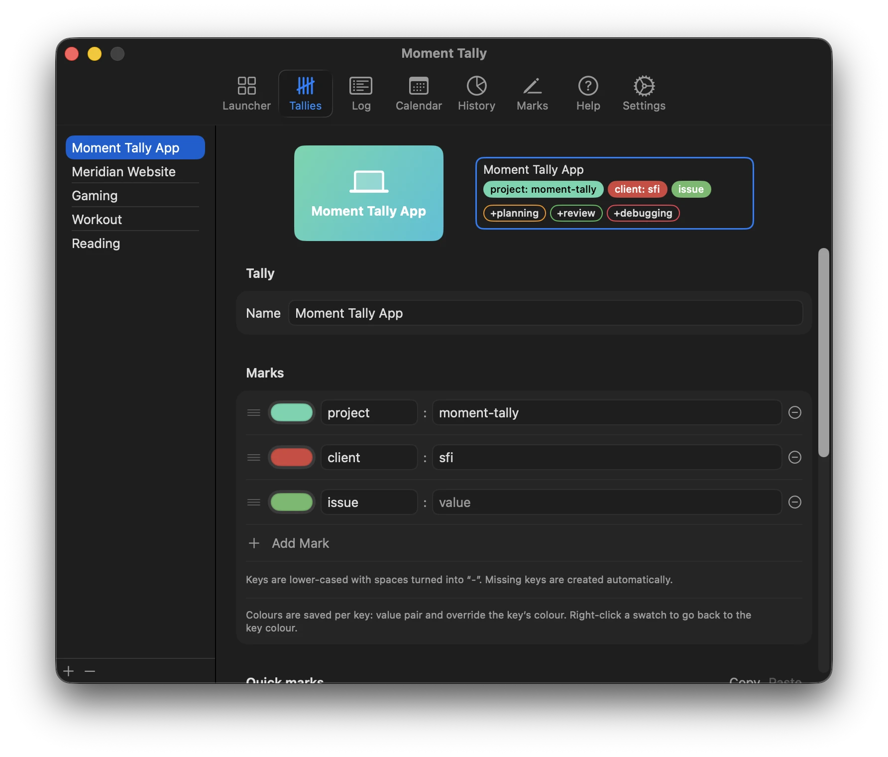 Moment Tally label-set settings with colors, keys, and quick labels