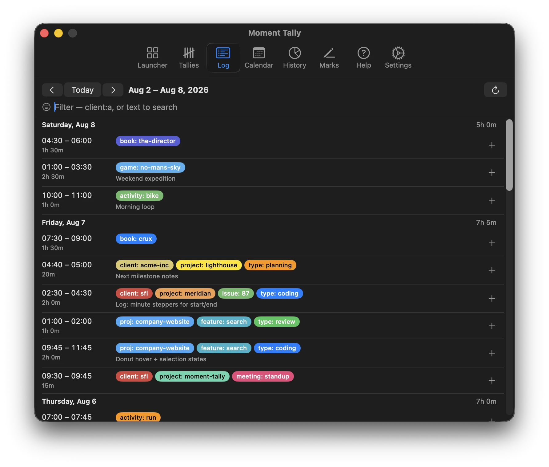 Moment Tally daily log grouped by day with color-coded labels and totals