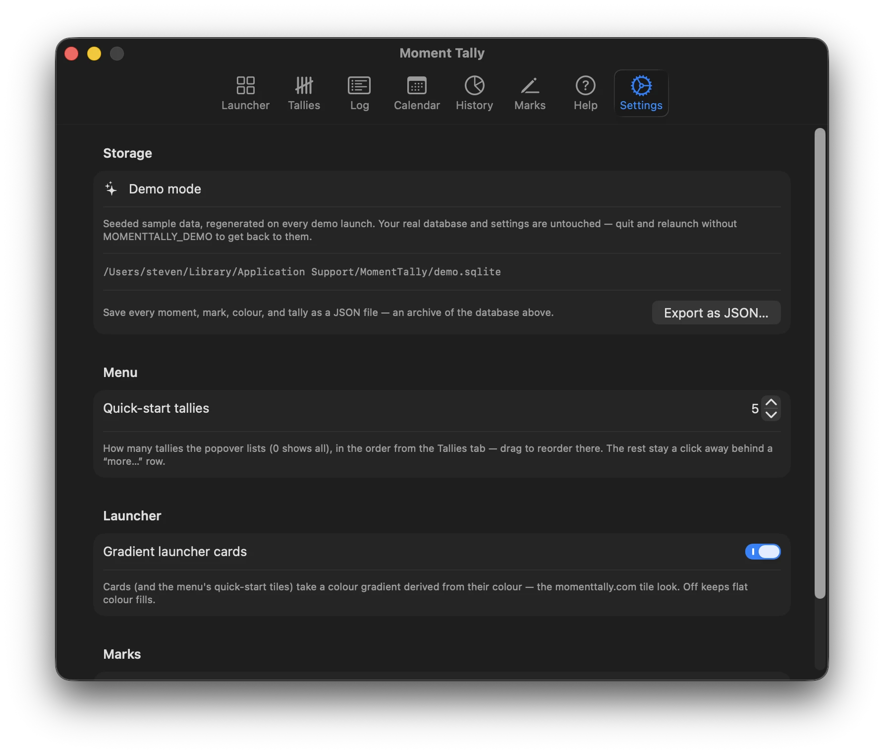 Moment Tally Settings view